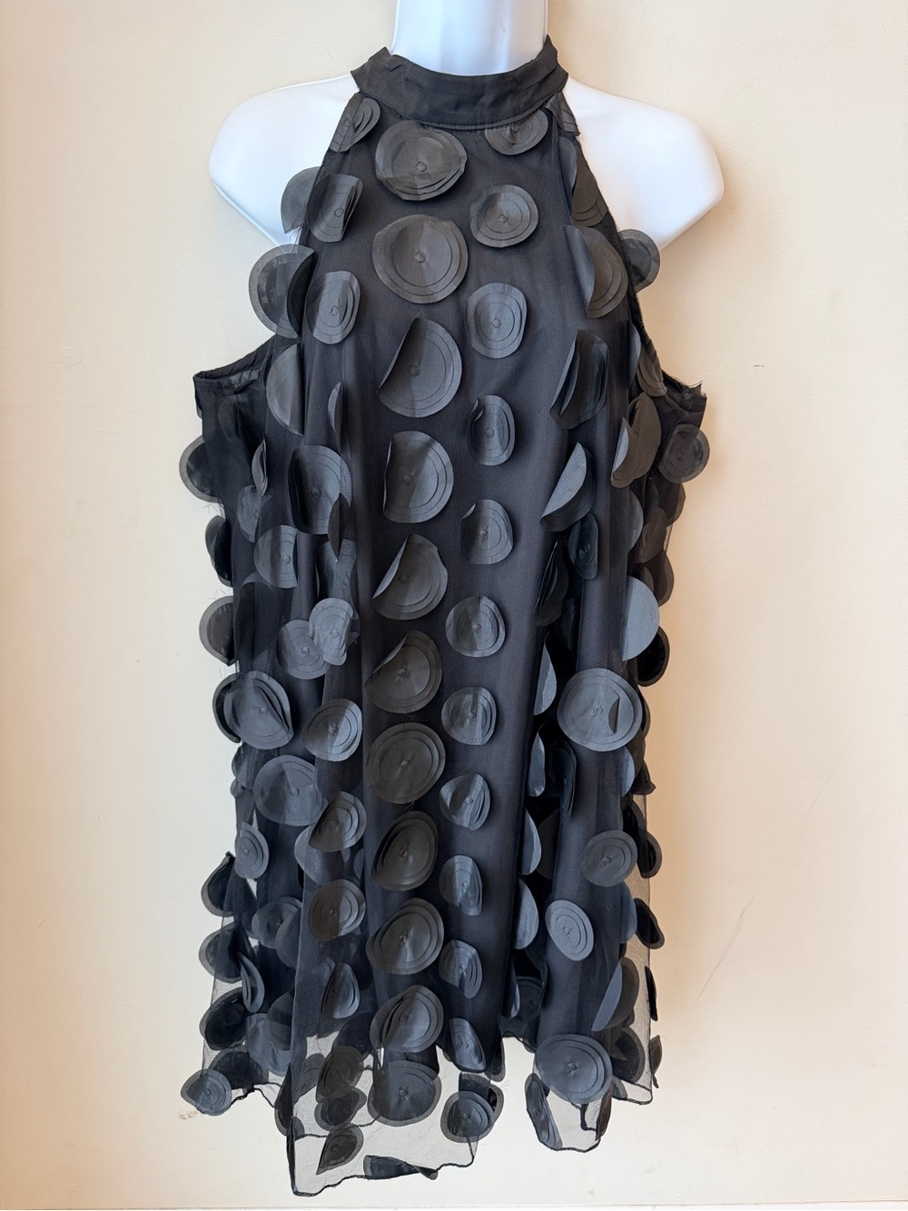 Avant Garde Black Mesh 3D Circle Appliqué Halter Midi Dress Artwear